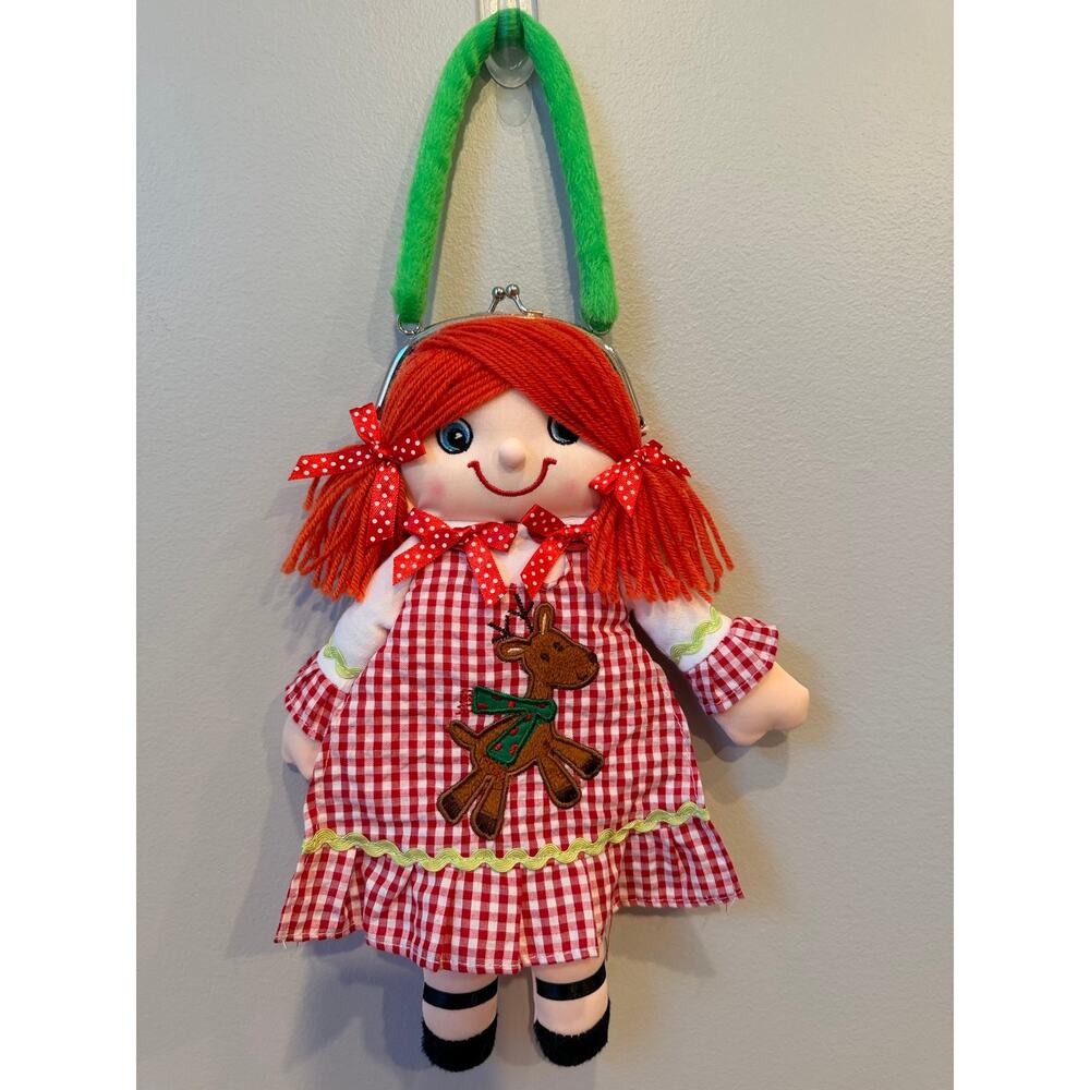 Vintage Holiday Rag Doll Purse Metal Clasp Red Gingham Reindeer Bag Coin bag